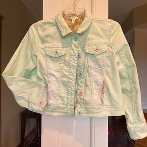 Matilda Jane Floral Patterned Fabric Size 16 Rolled Cuff Accent Jean Jacket.